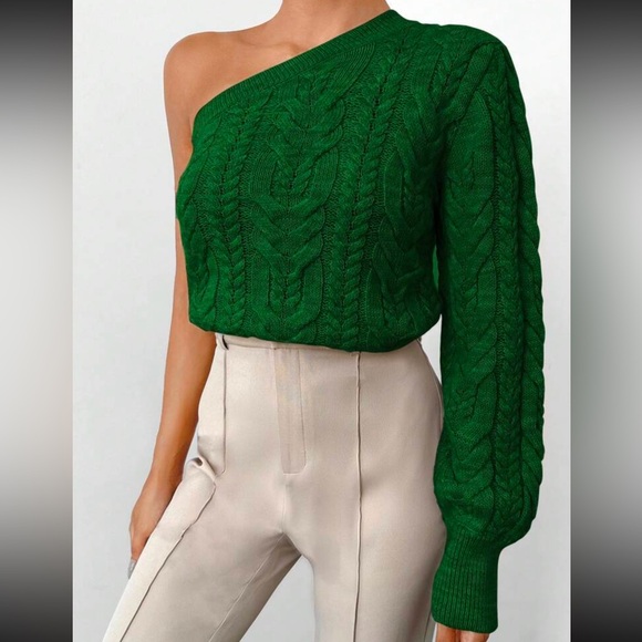 Luxe black one shoulder cable knit sweater top - Picture 13 of 13